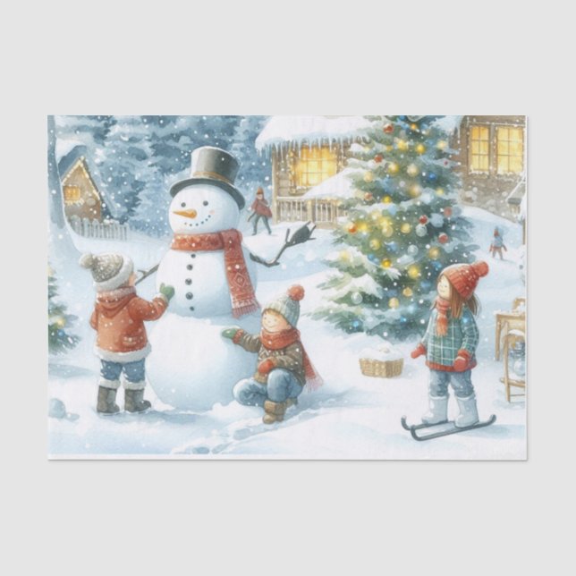 Papel De Seda Boneco de Neve de Natal Retrô e Crianças (Frente )