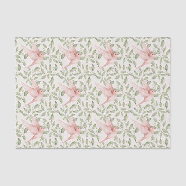 Papel De Seda Bonito aves rosa e folhagem verde. (Frente )