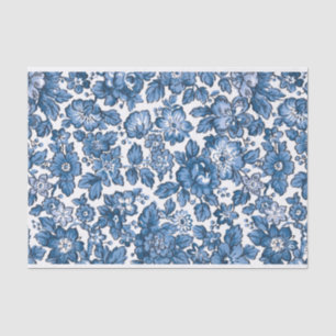 Papel De Seda Bonito Boho Azul e Branco Floral