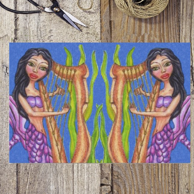 Papel De Seda Bonito Oceano de Colheita de Sereia Roxa com Cabel (Two mermaids purple tails playing harps seaweed under ocean on tissue wrapping paper.)