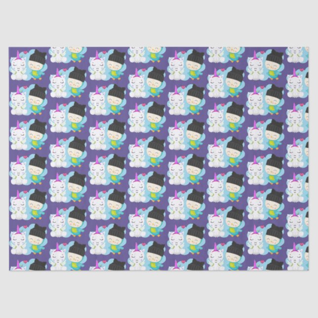 Papel De Seda Bons amigos da Cartoon - Feliz Unicórnio e Pássaro (Frente )