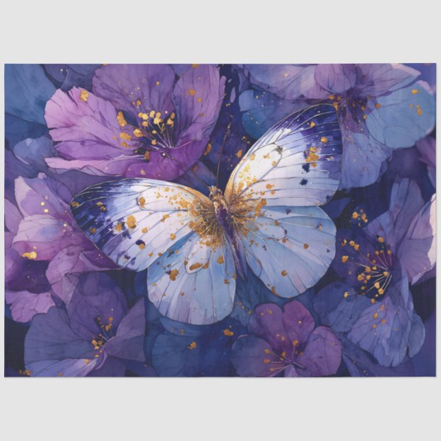 Papel De Seda Borboleta Azul em Flores Roxas (Frente )