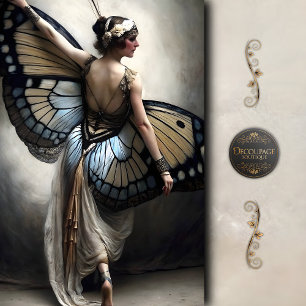 Papel De Seda Borboleta Bailarina em Decoupage Creme e Azul