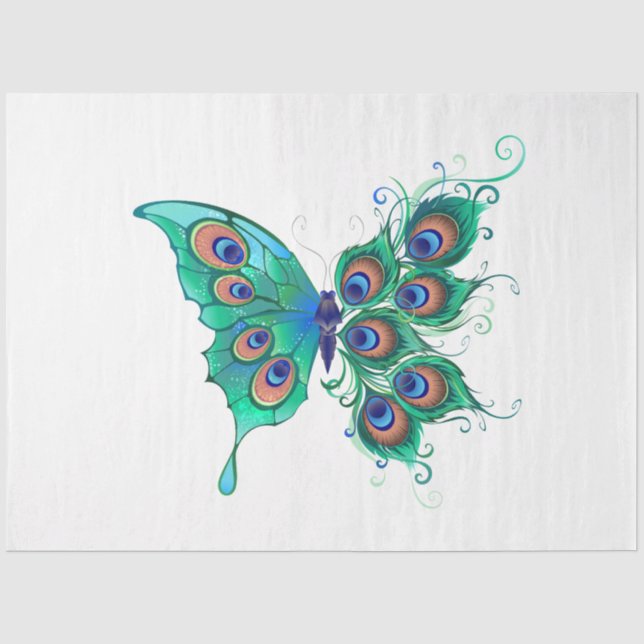 Papel De Seda Borboleta com Penas de Pavão Verde (Frente )