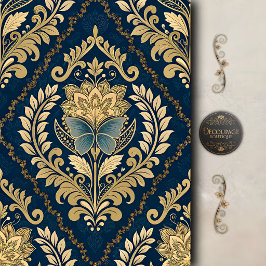 Papel De Seda Borboleta Damasco Decoupage Azul Dourado