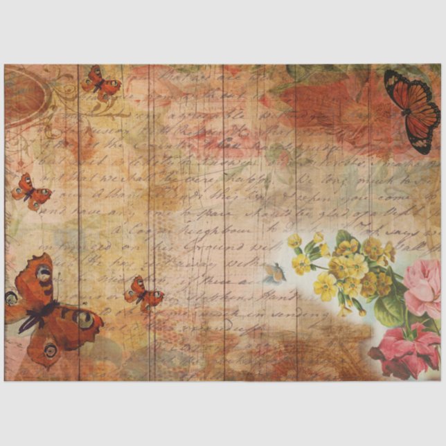 Papel De Seda Borboleta de Verão rosa com efêmero de flores (Frente )