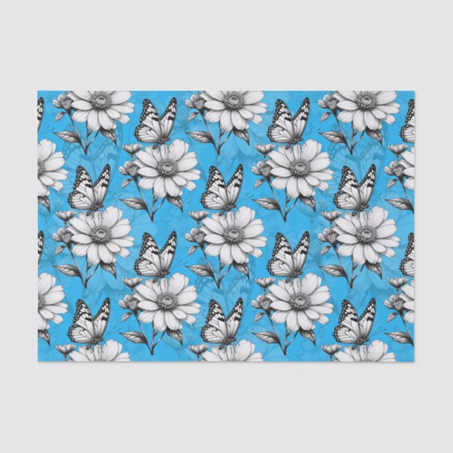 Papel De Seda Borboleta no padrão de flores Design azul (Frente )