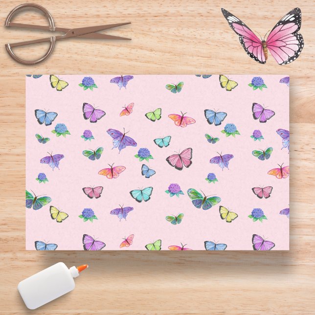Papel De Seda Borboletas Aquarela Com Hortênsias (Criador carregado)