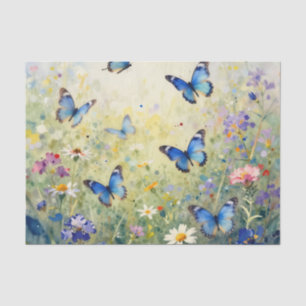 Papel De Seda Borboletas Azuis Aquarela Prado de Flores Silvestr