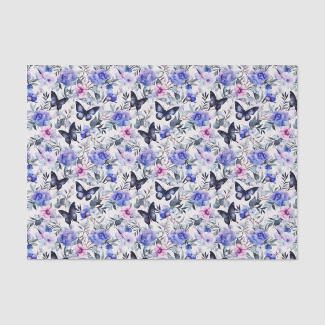 Papel De Seda Borboletas Azuis E Flores  (Frente )