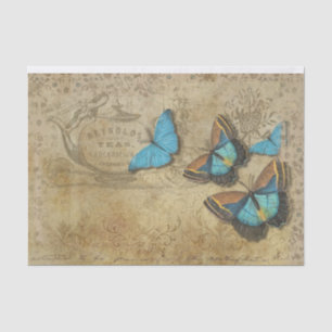 Papel De Seda Borboletas Azuis Vintage Steampunk em Pergaminho