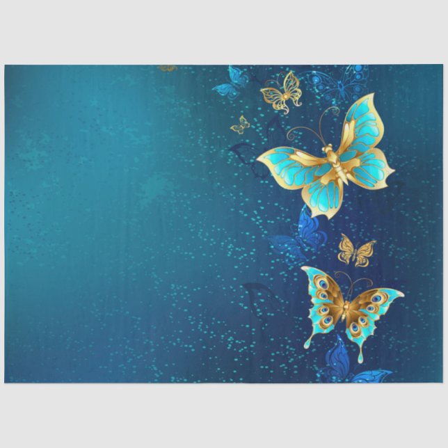 Papel De Seda Borboletas de ouro em um fundo azul (Frente )