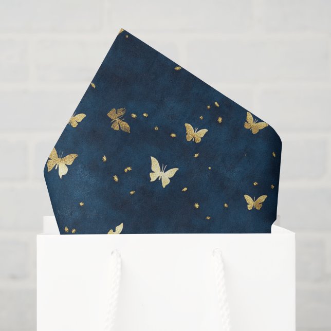 Papel De Seda Borboletas Douradas Azuis Casamento (Sacola de presentes)