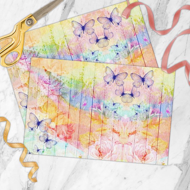 Papel De Seda Borboletas e Rosas chiques sobre madeira russa (Criador carregado)