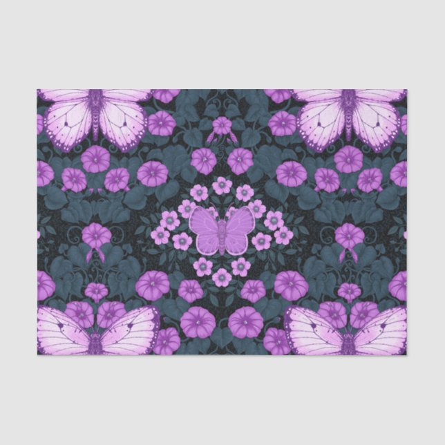 Papel De Seda Borboletas e simetria das flores, violeta e azul (Frente )