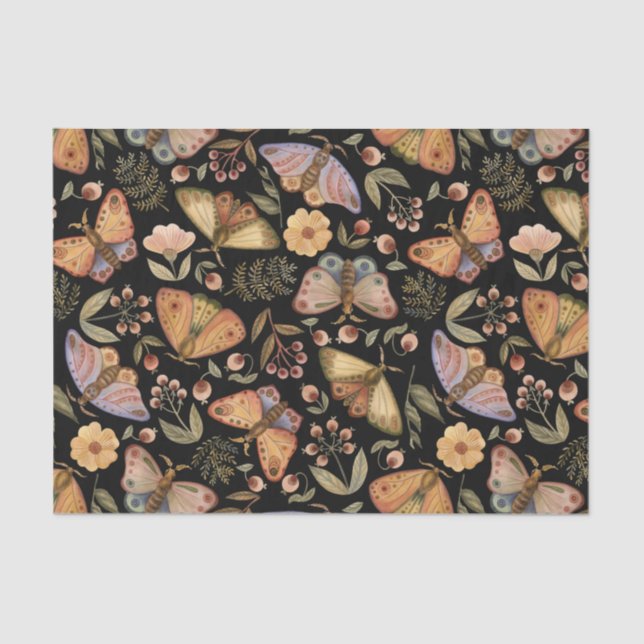 Papel De Seda Borboletas, Flores e Berries Black (Frente )