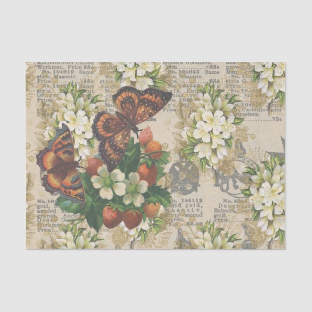 Papel De Seda Borboletas grandes e morangos (Frente )