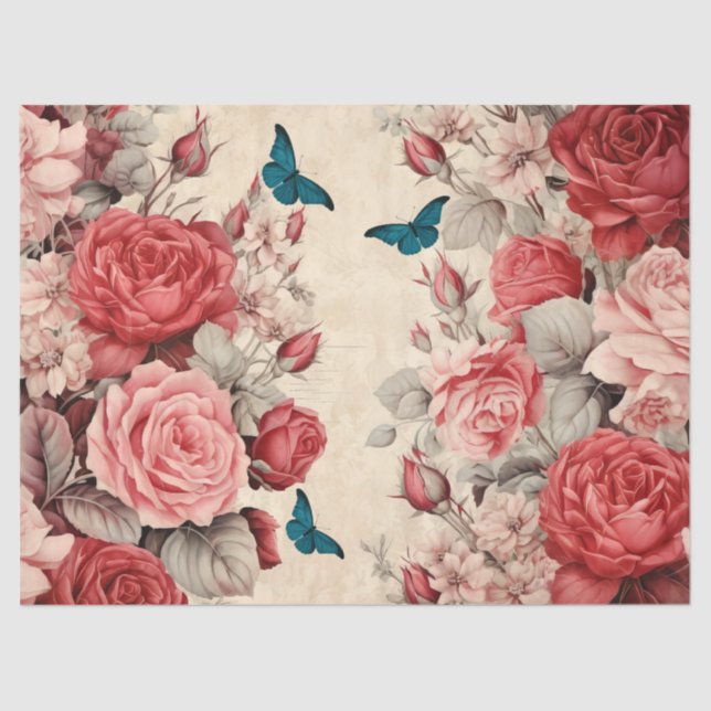 Papel De Seda Borboletas rosa e Rosa vermelha inspiradas na Vint (Frente )