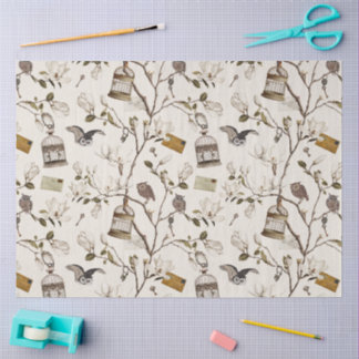 Papel De Seda Bosque de Magnólia com Corujas em Creme