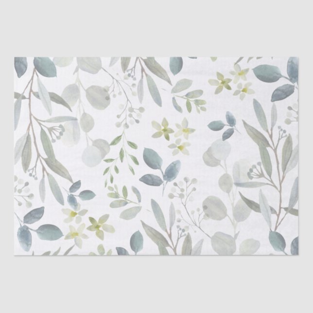 Papel De Seda Botânica em Aquarela Suave de Eucalipto Verde (Frente )