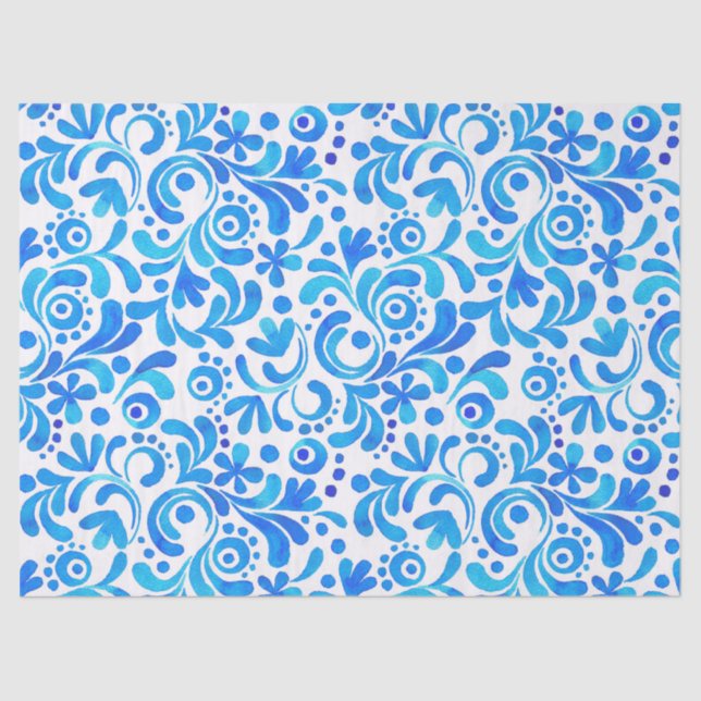 Papel De Seda Botânica Vibrante Azul e Branco (Frente )