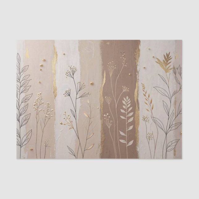 Papel De Seda Botanical Leaves and Flowers Beige and Brown  (Frente )