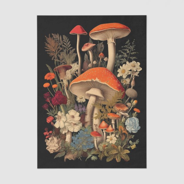 Papel De Seda Botanical Mushrooms & Flowers on Black Background (Frente )