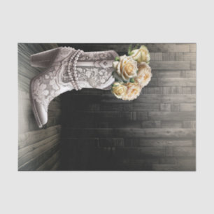 Papel De Seda Botas Cowgirl com Laço e Pérolas Flores Brancas Rú