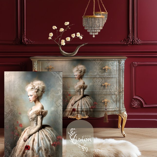 Papel De Seda Bouffant Blooms, Rococo Elegance Retrato Arte (Bouffant Blooms, Rococo Romance, French Woman, Portrait Art Decoupage Paper. )