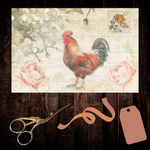 Papel De Seda Brick Red Green Rooster Farmhouse Chic com Rosas