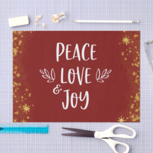 Papel De Seda Brick Red Peace Love Joy Natal Douradas Stars