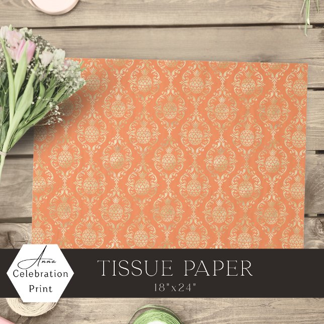 Papel De Seda Bright Orange Gold Pineapple Damask  (Criador carregado)