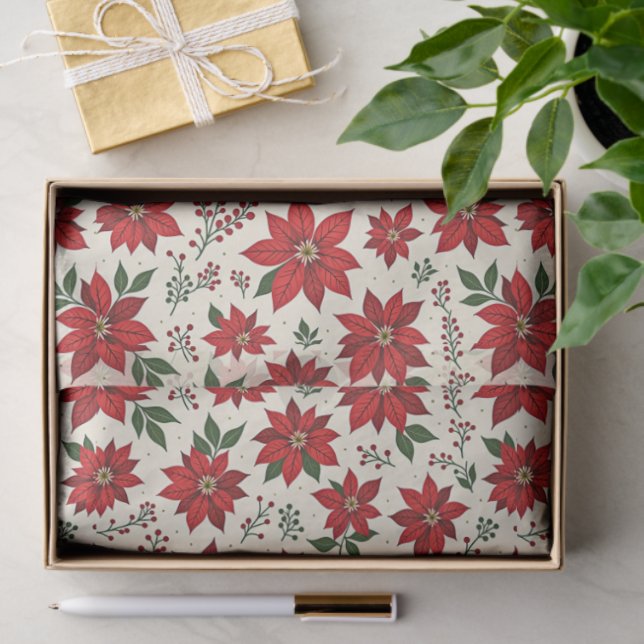 Papel De Seda Bright Red Poinsettias (Presente)