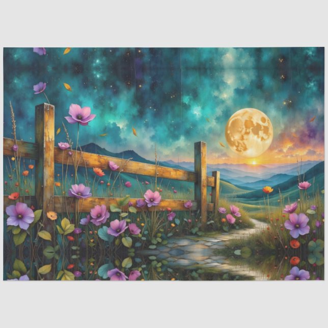Papel De Seda Brilho Lunar Floral e Paisagístico Noturno (Frente )