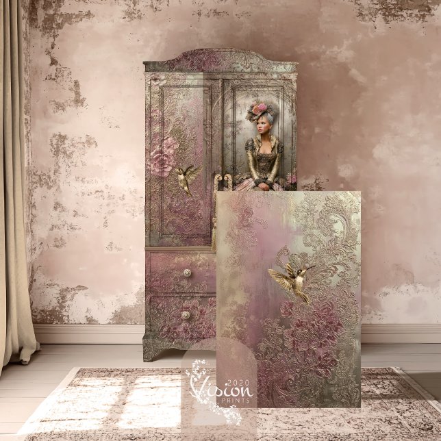 Papel De Seda Bronze Blush, Beija-flor Dourado, Floral Embutido (Bronze Blush Gold Hummingbird, Flower Embossed Patina, Metallic Effects Decoupage Tissue Paper)
