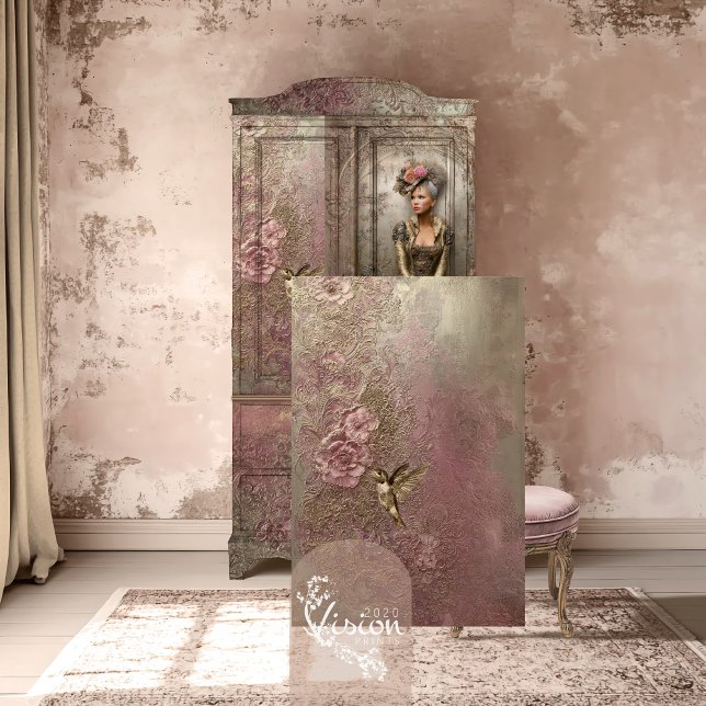 Papel De Seda Bronze Blush, Gold Hummingbird, Embossed Patina (Bronze Blush, Gold Hummingbird, Metallic Effect, Embossed Floral Patina Decoupage Tissue Paper.)
