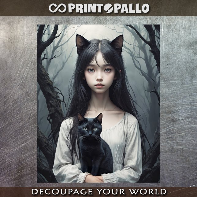 Papel De Seda Bruxa Asiática Peluda com gato preto (Criador carregado)