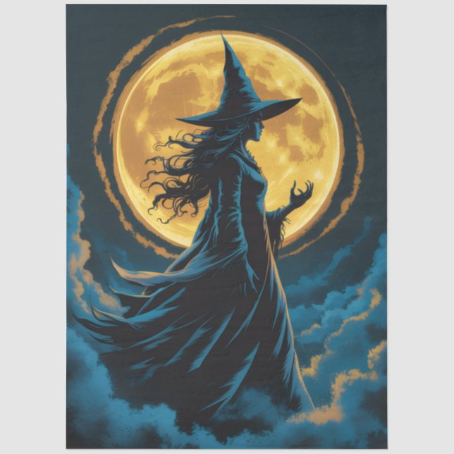 Papel De Seda Bruxa Assustadora de Halloween sob Lua Cheia (Frente )