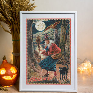 Papel De Seda Bruxa Assustadora Vintage em Lua com Gato Negro