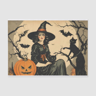 Papel De Seda Bruxa de Halloween Vintage, Abóbora, Gato Negro, M