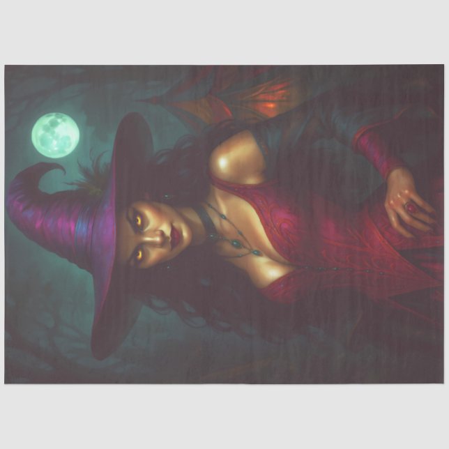 Papel De Seda Bruxa em Vermelho com Lua Cheia - Halloween Gótico (Frente )