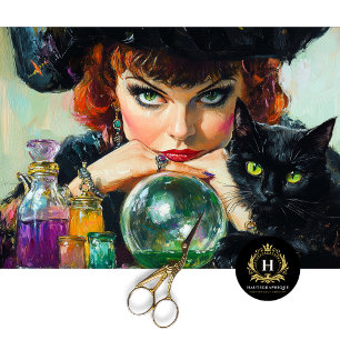 Papel De Seda Bruxa Mística e Gato Preto Halloween Decoupage