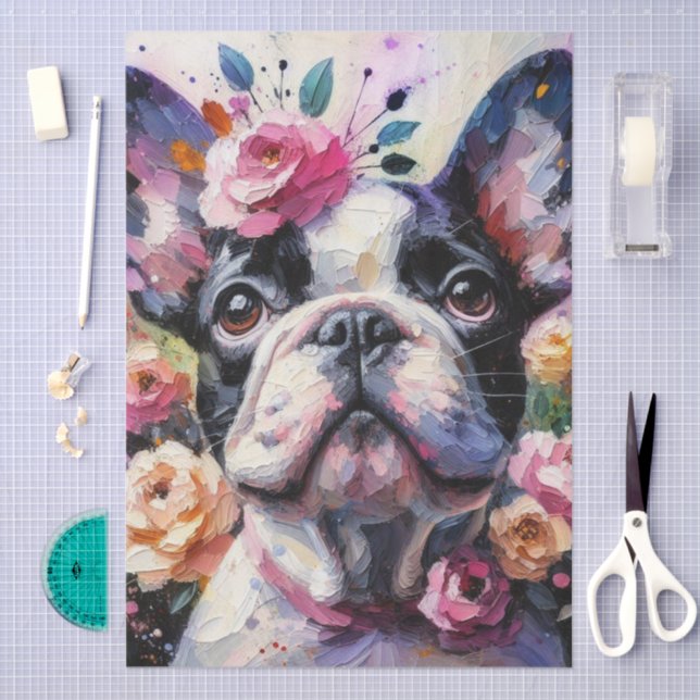 Papel De Seda Buldogue Francês com Rosas Dissociação Floral (Arte )
