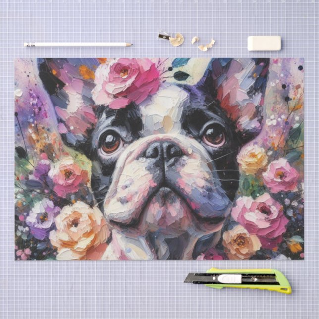 Papel De Seda Buldogue Francês com Rosas Dissociação Floral (Arte )