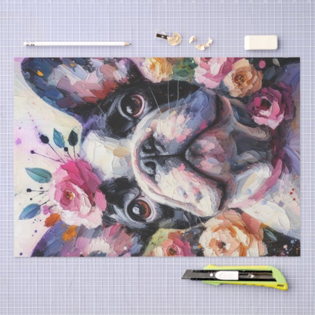 Papel De Seda Buldogue Francês com Rosas Dissociação Floral (Arte )