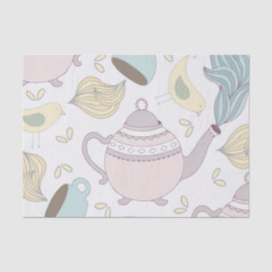 Papel De Seda Bule de Chá Amarelo Vintage Pássaro Xícara Azul Pa