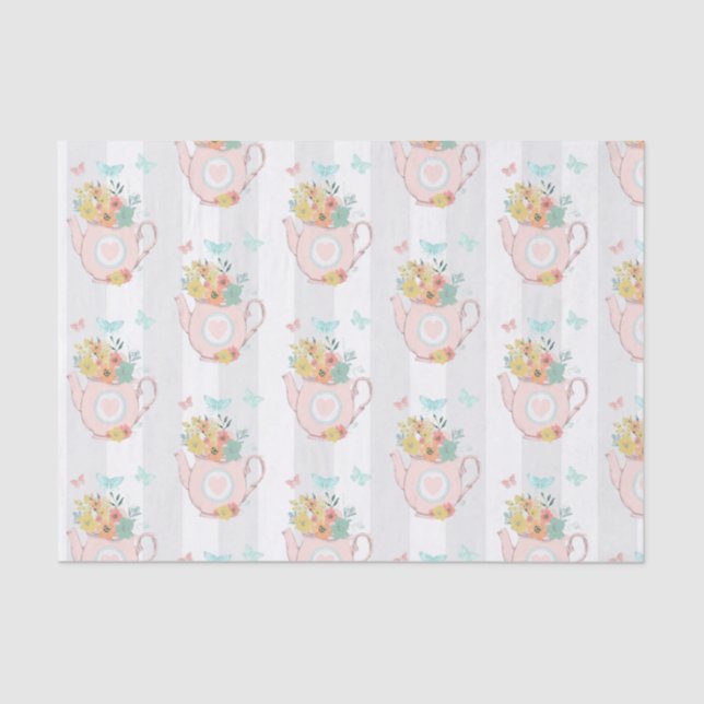 Papel De Seda Bule rosa com flores e borboletas Padrão (Frente )