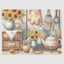 Papel De Seda Bules Retro e Girassóis Cozinha Aquarela