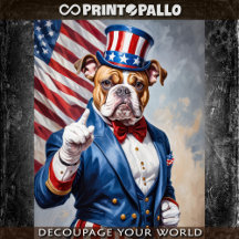Bulldog vestido como Tio Sam com a bandeira dos EU