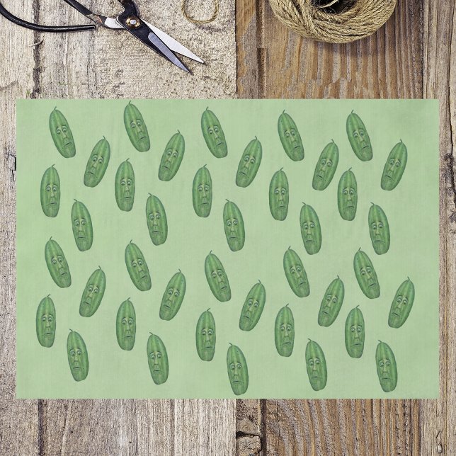 Papel De Seda Bunch of Funny Green Pickles Surprised Faces green (bunch of funny green pickles with surprised looking faces on light green wrapping tissue paper.)